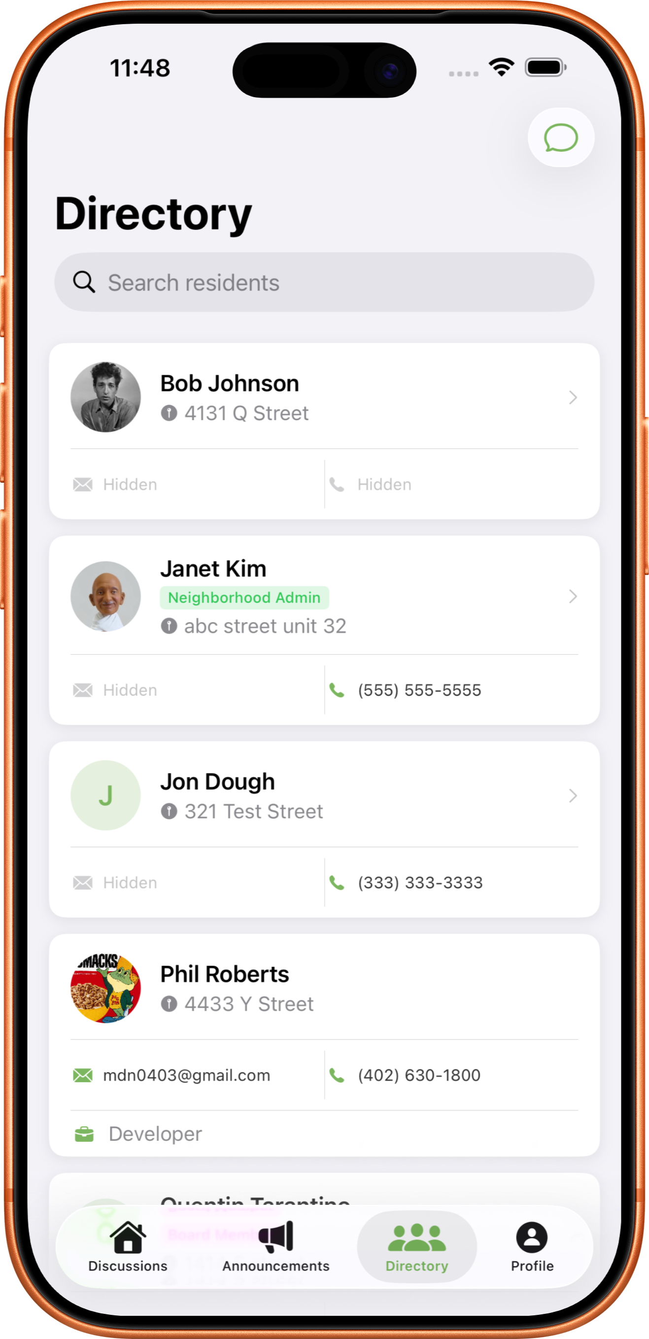 Neighbor Directory Screen