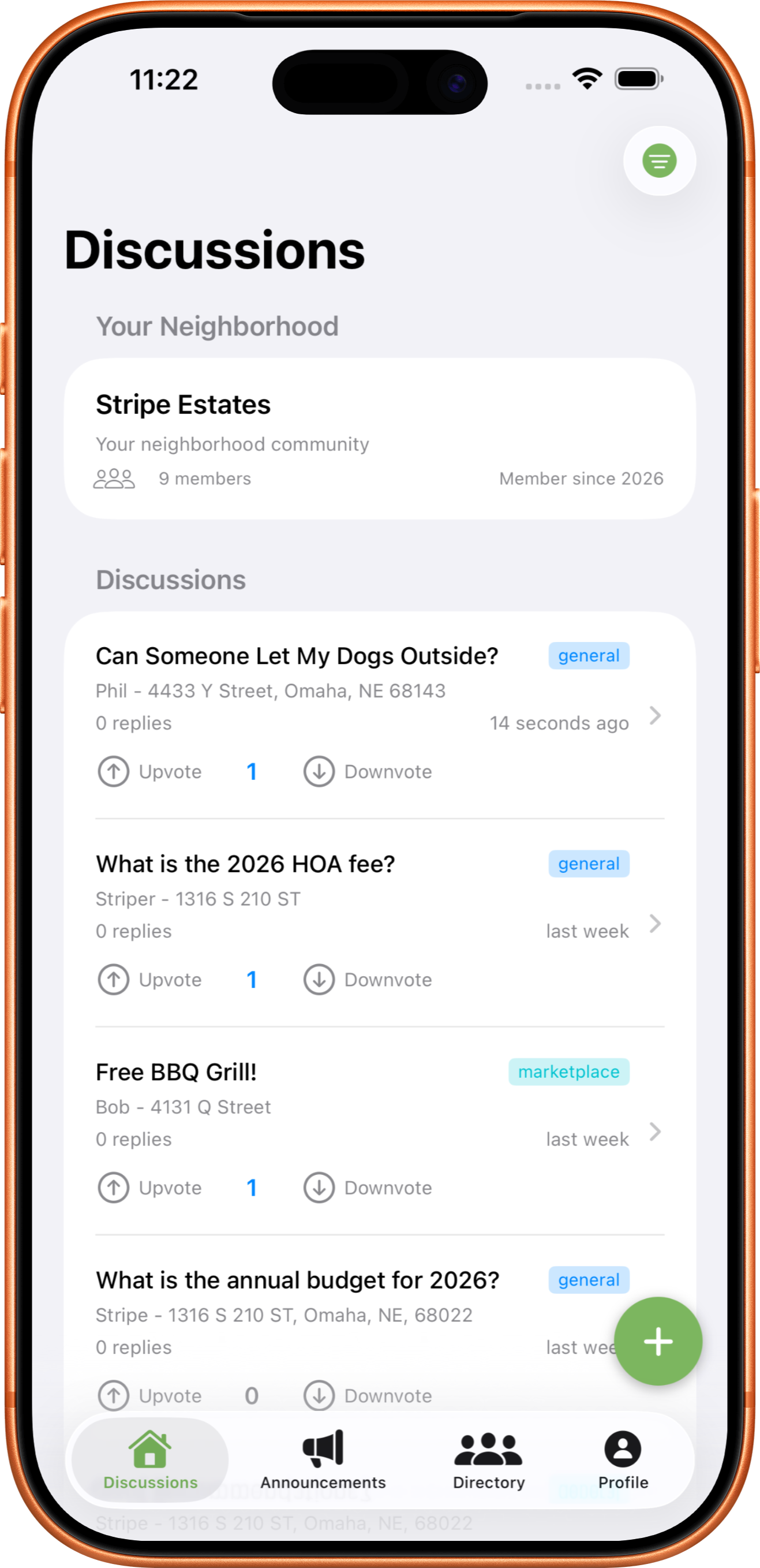 Neighborhood Discussions Screen