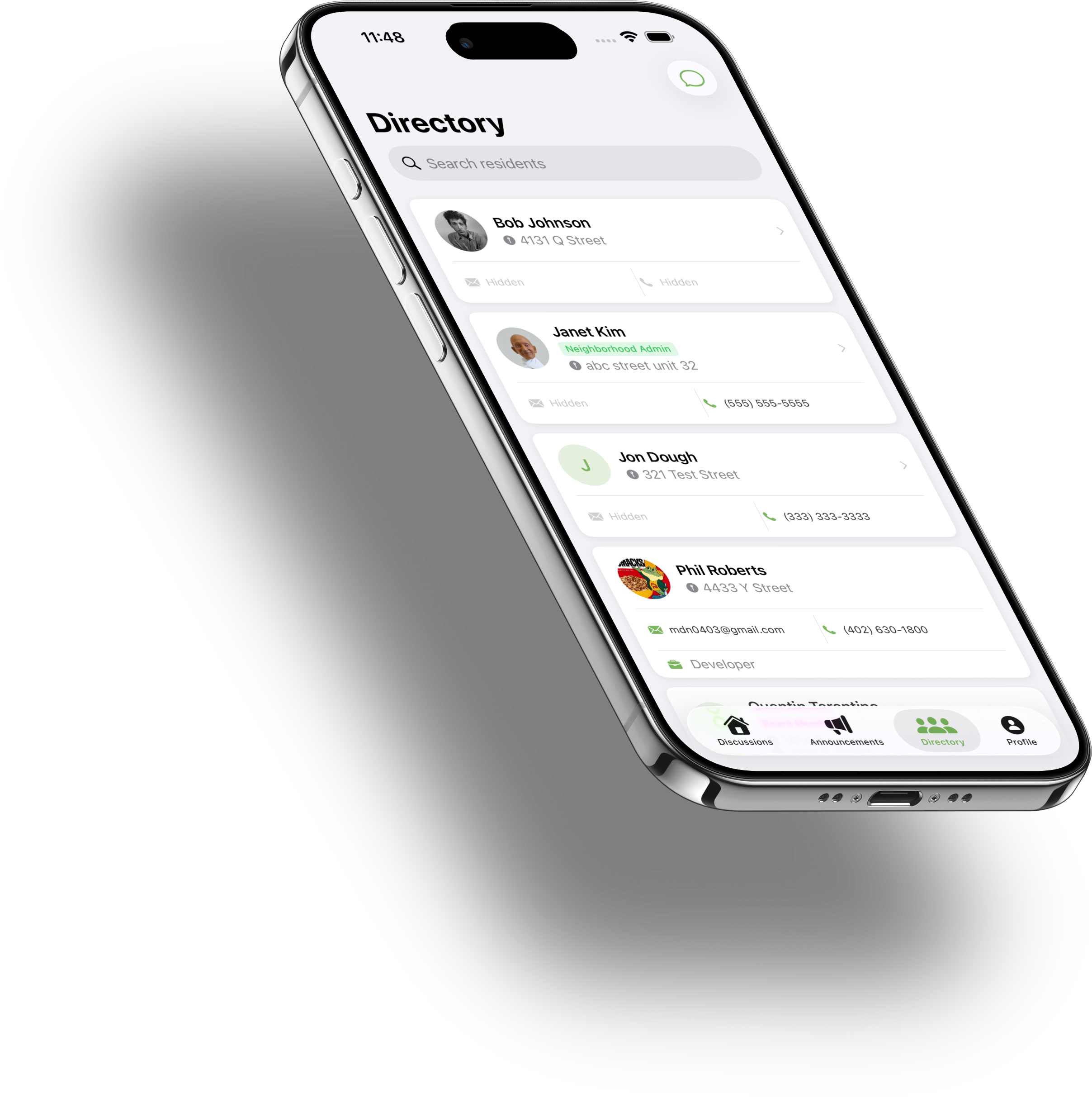 NeighborTopia iOS app showing neighbor directory